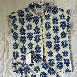 Blue and Cream Patterned Women's matching shirt and short set